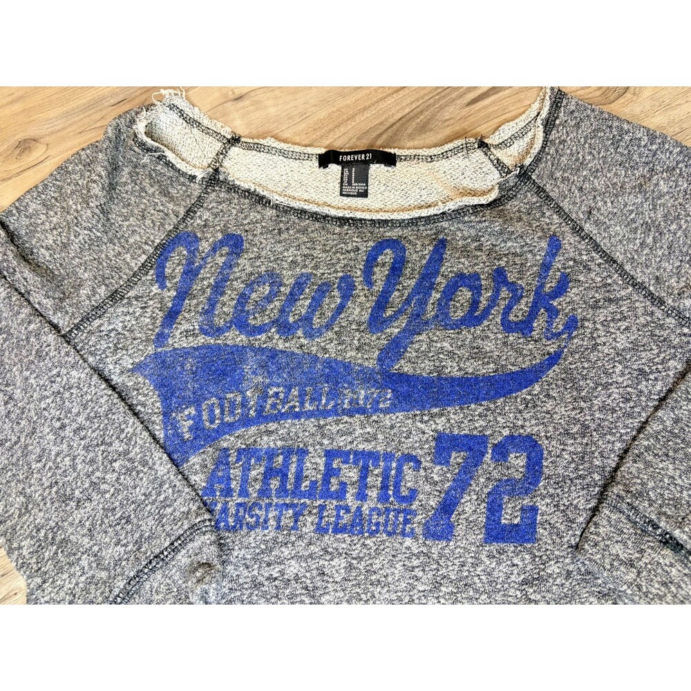 Forever 21 Women's Gray Blue Loose Cropped New York Pullover Sweatshirt Small S - Picture 3 of 6